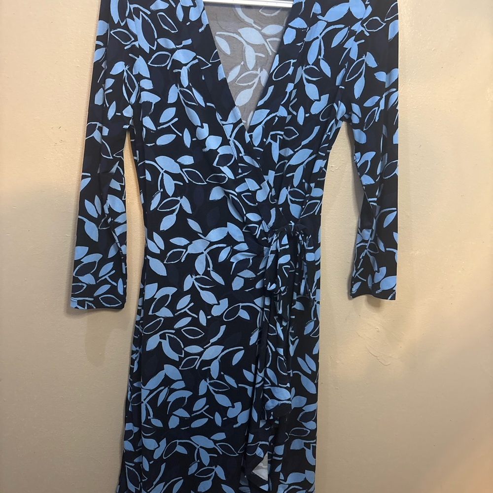BCBGMaxAzria Navy Wrap Dress with Light Blue Leaf Print